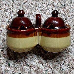 Vintage brown glaze conjoined condiment dish with lids